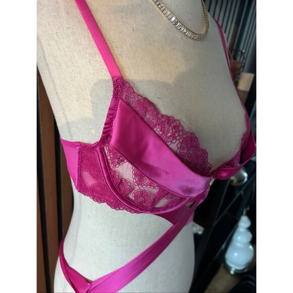 VICTORIA SECRET sz M TEDDY PINK SATIN LACE ONE PIECE V STRING VALENTINE NWT - Picture 2 of 7
